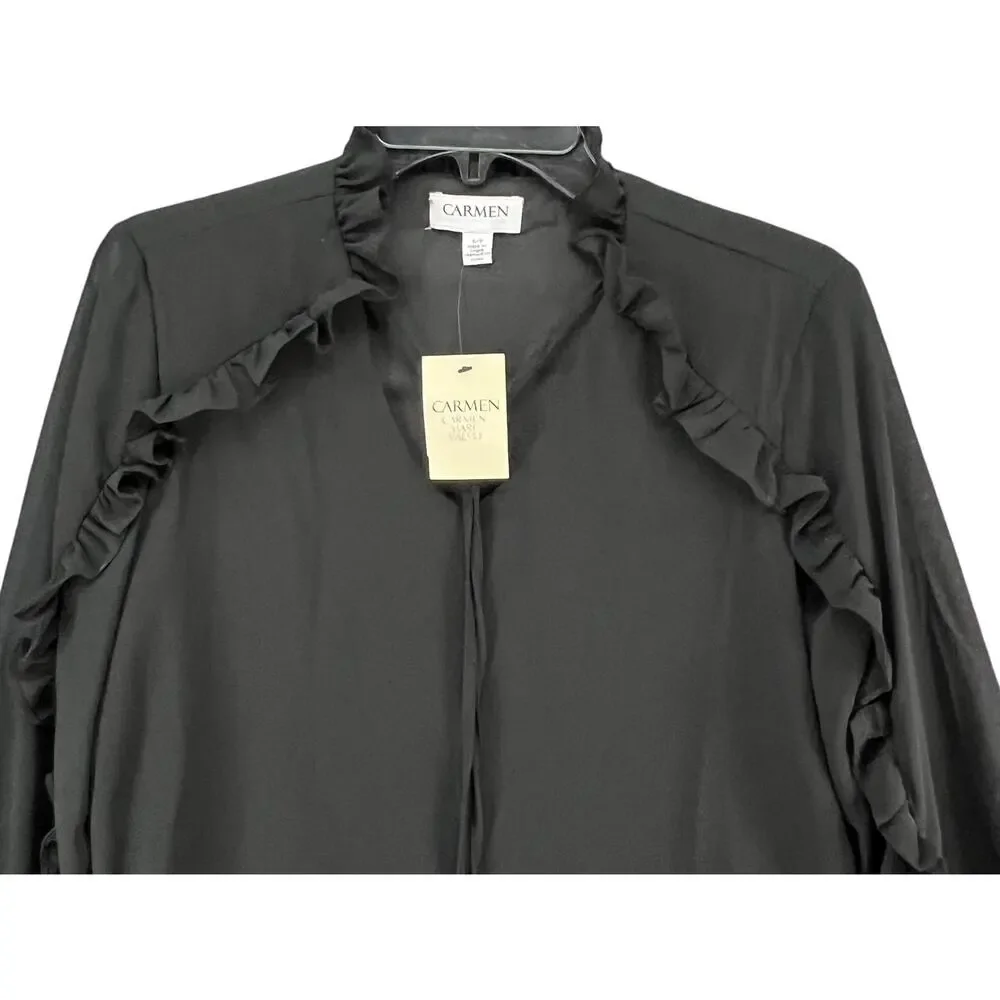 Carmen Marc Valvo Top Womens S Black Chiffon Ruffle‎ Lightweight Coquette Blouse - Picture 3 of 16